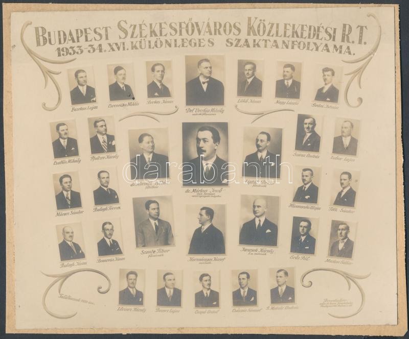 1934 Budapest Székesfőváros Közlekedési Rt. 1933-1934. XVI. Különleges szaktanfolyama, kistabló 30 nevesített portréval, kartonra ragasztva, 17x20 cm