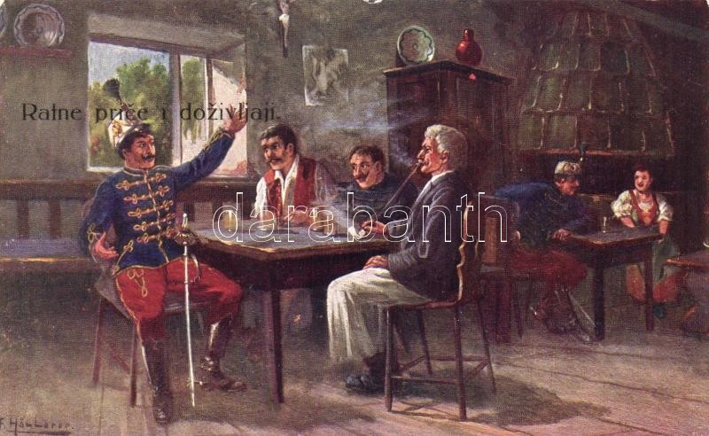 I. világháború, Cs. és kir. hadsereg katonái a fogadóban, WWI K.u.K. soldiers in the inn, pipe smoking