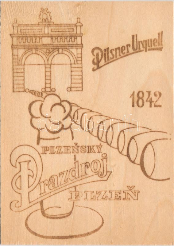 Plzensky Prazdroj / Pilsner Urquell, beer advertisement, wooden card, modern, Pilsner Urquell sör reklám, fából készült képeslap, modern