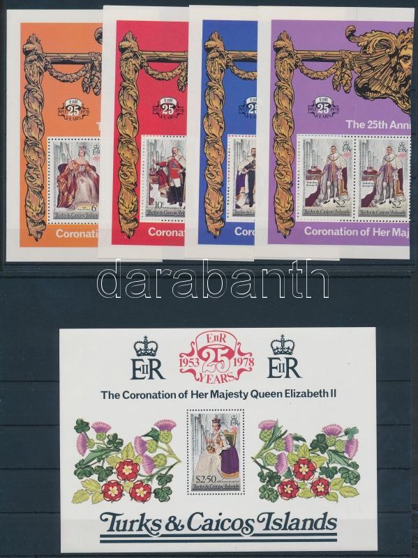 25th coronation anniversary of Elizabeth II 4 diff. minisheet set + block, II.Erzsébet koronázásának 25. évfordulója 4 fél kisívsor + blokk