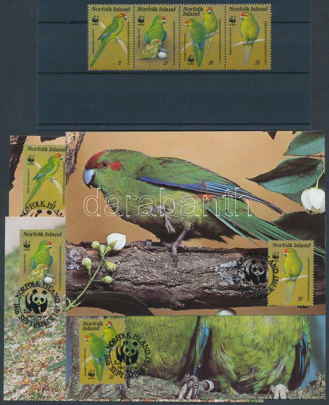 WWF Running parrot setripe of 4 + 4 CM + 4 FDC, WWF Futó papagáj négyescsík + 4 CM + 4 FDC