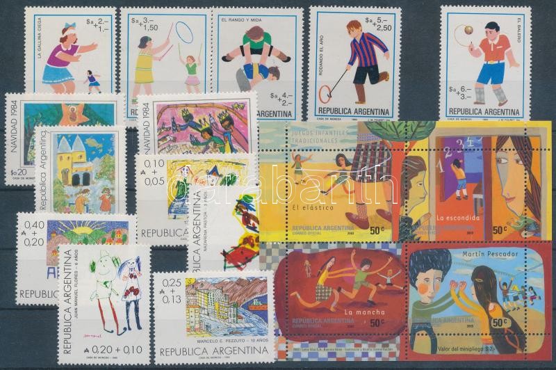 Argentína Rajz, gyermek motívum 13 klf bélyeg + 1 blokk, Argentina Drawing, children 13 diff stamps + 1 block
