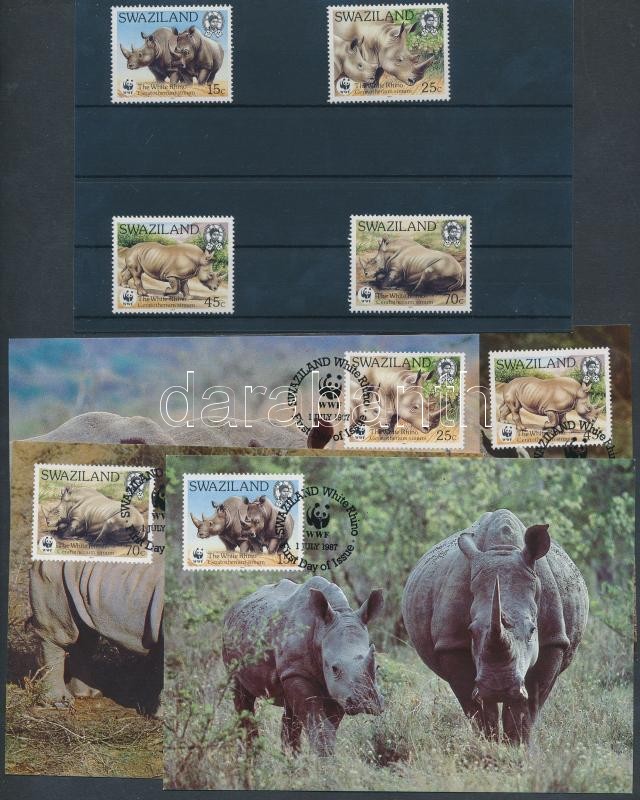 WWF White rhinoceros set + 4 CM + 4 FDC, WWF Szélesszájú orrszarvú sor + 4 CM + 4 FDC-n