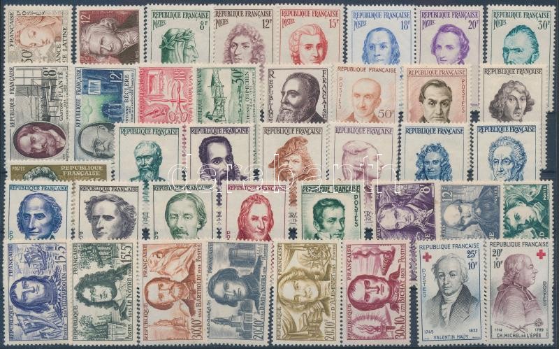 Franciaország 1951-1959 Híres emberek motívum 39 klf bélyeg, fele postatiszta, France 1951-1959 Famous people 39 stamps