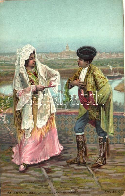 Bailes Andaluces, La Malaguena y el Torero / Spanish folklore from Seville, dance, torreador litho, Spanyol folklór, táncos, torreádor, litho