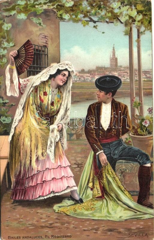 Spanyol, sevillai folklór, táncos, litho, Bailes Andaluces, El Requiebro / Spanish folklore from Seville, dance, litho