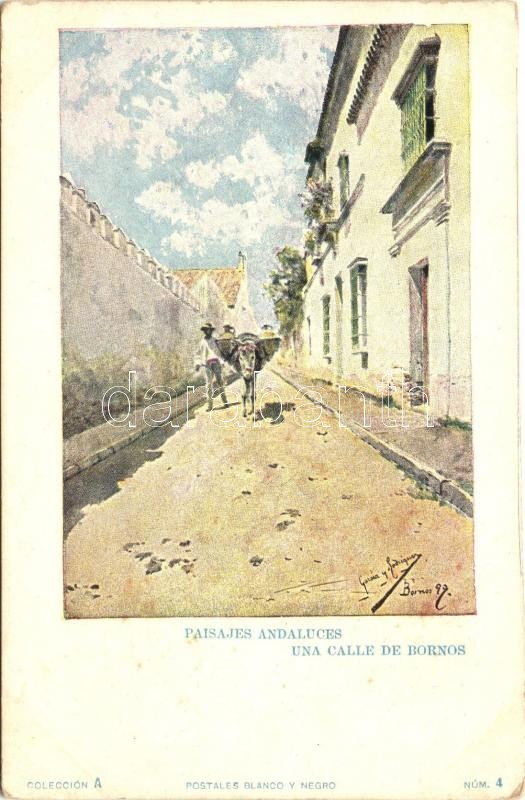 Andalúz utca részlet, szamár s: Rodriguez, Bornos, Paisajes Andaluces, Una calle / street s: Rodriguez
