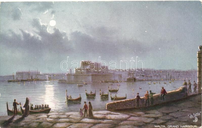 Malta, Grand Harbour at night, boats, Raphael Tuck & Oilette Postcard 7091.