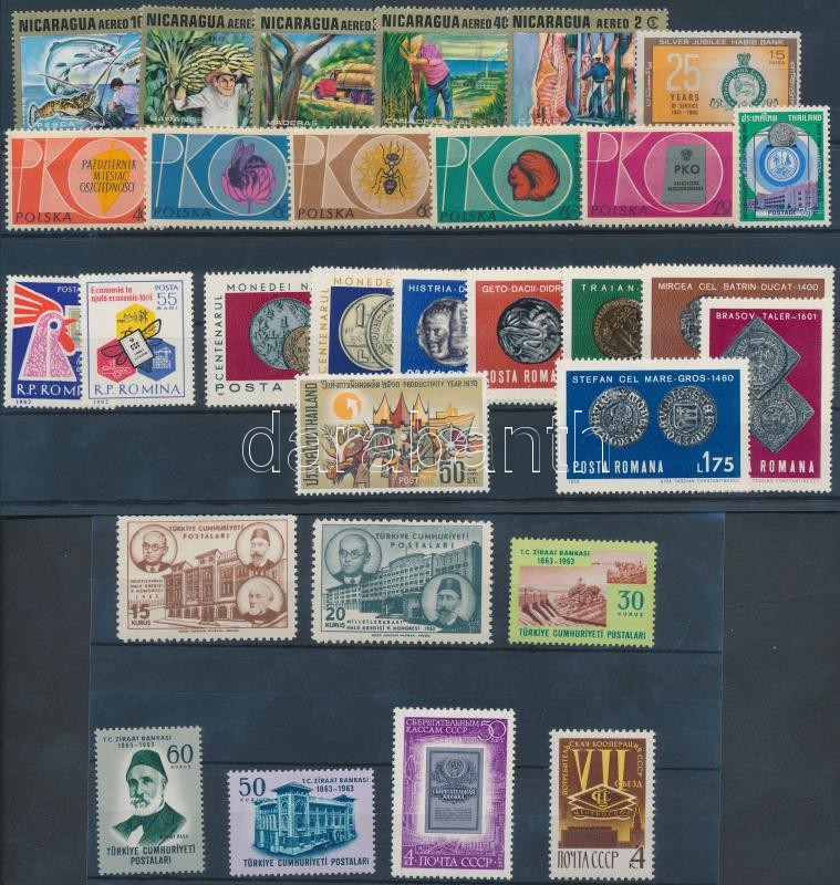 Érmék motívum 29 db bélyeg közte sorok 2 db stecklapon, Coins 29 stamps with sets on 2 stock cards