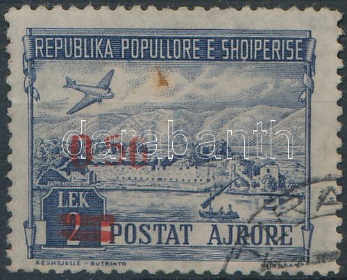 Airmail stamp with overprint (stain), Légi posta bélyeg felülnyomott (rozsdafolt)