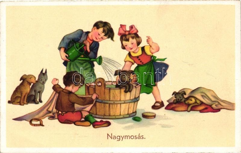 'Heavy washing' children, dogs, washing, humour, Nagymosás.