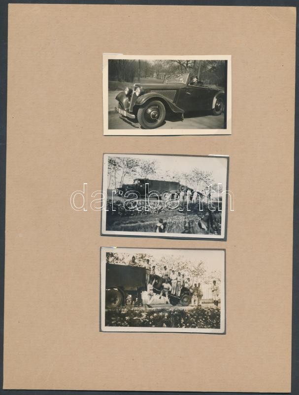 cca 1930 A hölgy lerobbant autóval, az éppen arra gyakorlatozó katonák szállító járművükkel a segítségére sietnek, 3 db fotó, 4,5x7 cm