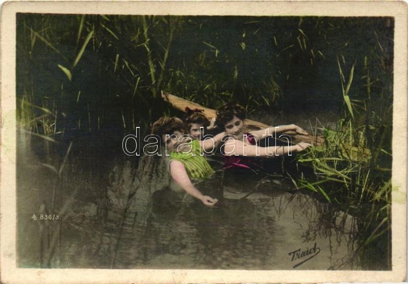 Tóban fürdőző hölgyek, kisméretű lap (7 cm x 10 cm), Bathing ladies in a lake, minicard (7 cm x 10 cm)