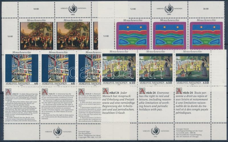 1992-1993 Human Rights 4 corner coupon stripes of 3, 1992-1993 Emberi jogok 4 ívsarki szelvényes hármascsík