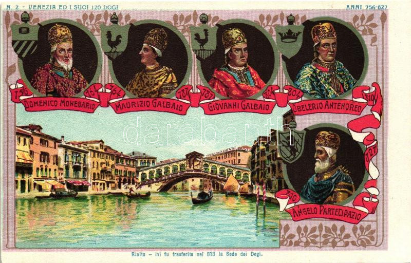 Doges of Venice from 756 to 827, Domenico Monegario, Maurizio Galbaio, Giovanni Galbaio, Obelerio Antenoreo, Angelo Partecipazio, litho, Velencei dózsék 756-tól 827-ig, Domenico Monegario, Maurizio Galbaio, Giovanni Galbaio, Obelerio Antenoreo, Angelo Partecipazio, litho