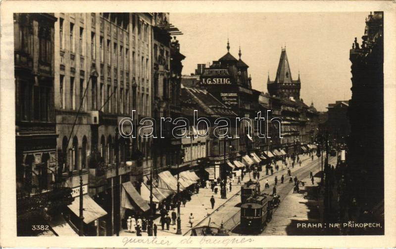 Praha, Prague; Na Príkopech / street, trams, Hotel Continental, J. G. Selig