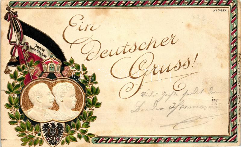 'Ein deutscher Gruss' Wilhelm II, Augusta Victoria of Schleswig-Holstein, German flags, Emb. litho, II. Vilmos német császár, Auguszta Viktória császárné, német zászló, dombornyomott litho