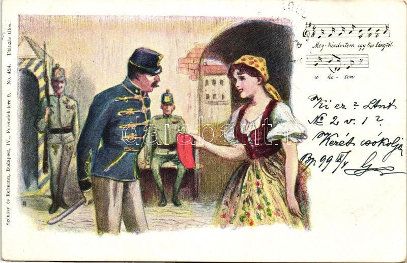 1899 'Megkérdeztem egy kislánytól a héten...', katona lánnyal, kotta; Szénásy & Reimann No. 424., 1899 Hungarian soldier, girl, sheet music; Szénásy & Reimann No. 424.