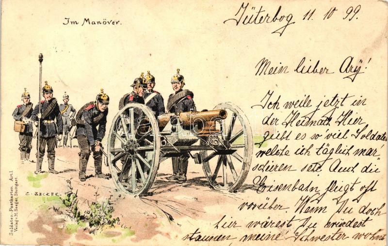 1899 német tüzérségi hadgyakorlat, Soldaten-Postkarten Art 1. Verlag M. Seeger, 1899 Im Manöver, Soldaten-Postkarten Art 1. Verlag M. Seeger / German artillery