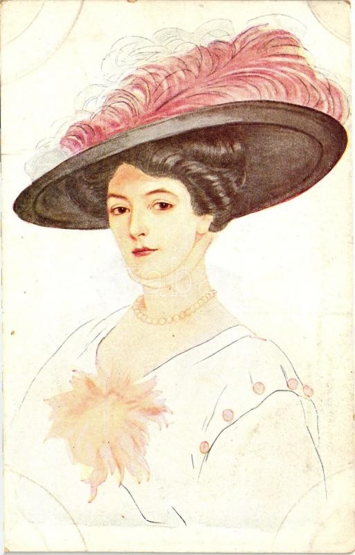 Lady with Red Feather, MKB 2075. s: Melchers, Hölgy piros kalaptollal, MKB 2075. s: Melchers