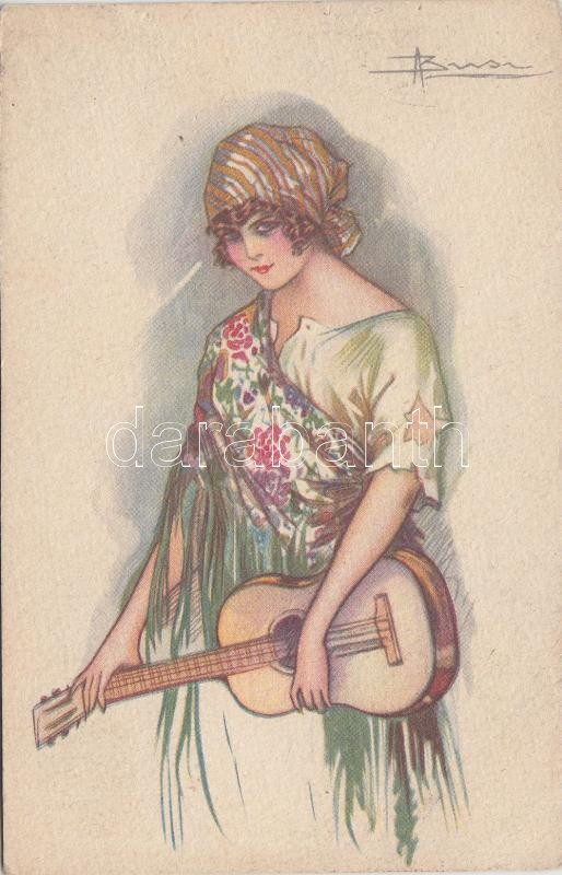Italian art postcard, lady with guitar, Anna & Gasparini 497-4. s: Busi, Olasz művészi képeslap, hölgy gitárral Anna & Gasparini 497-4. s: Busi