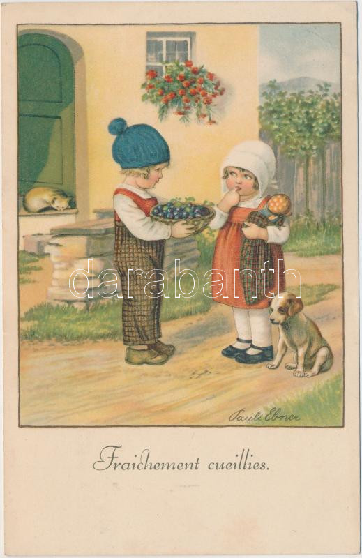 Fraichement / Children couple, fruits, August Röckl Nr. 1448. s: Pauli Ebner, 'Frissen szedve', August Röckl Nr. 1448. s: Pauli Ebner