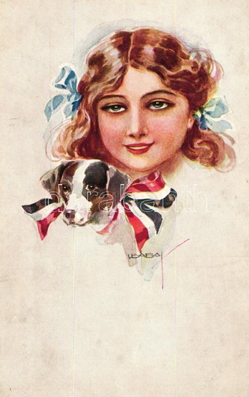 Girl with puppy, Art Deco postcard PFB No. 3968/6. s: Usabal, Lány kutyával, Art Deco művészlap PFB No. 3968/6. s: Usabal