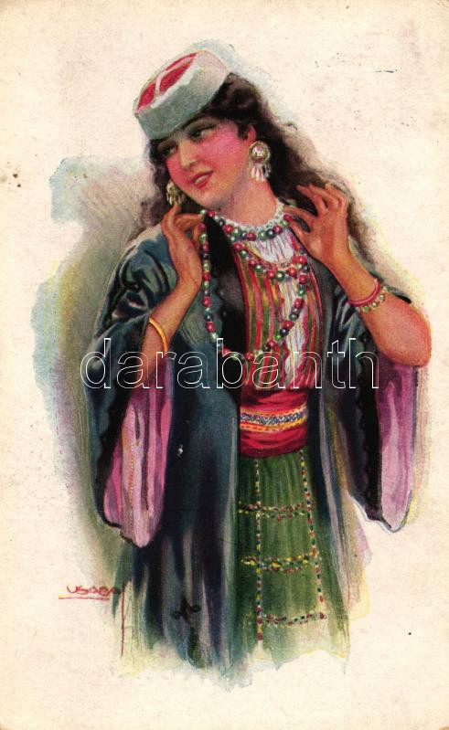 Girl from the Balkan, Art Deco postcard, Erkal No. 332/3. s: Usabal, Balkáni lány, Art Deco képeslap, Erkal No. 332/3. s: Usabal