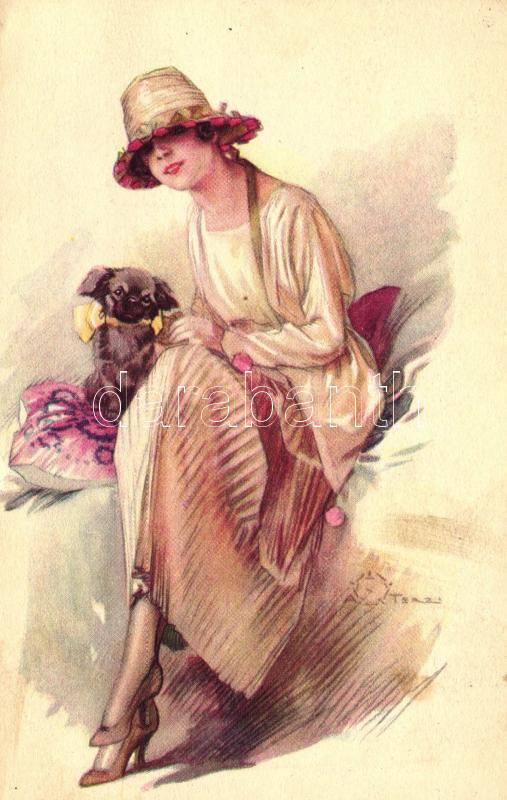 Lady with dog, Italian art deco postcard, Anna & Gasparini 399-3 s: A. Terzi, Hölgy kutyával, olasz art deco képeslap, Anna & Gasparini 399-3 s: A. Terzi