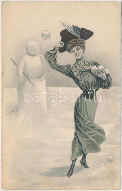 1906 Télies hölgy. H & L. No. 212, 1906 Winter lady, snowman. H & L. No. 212