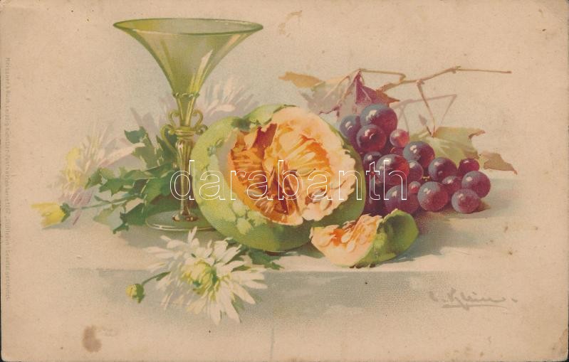 Still life, melon and grapes, Meissner & Buch Künstler-Postkarten Serie 1167. litho s: C. Klein, Gyümölcsös csendélet, Meissner & Buch Künstler-Postkarten Serie 1167. litho s: C. Klein