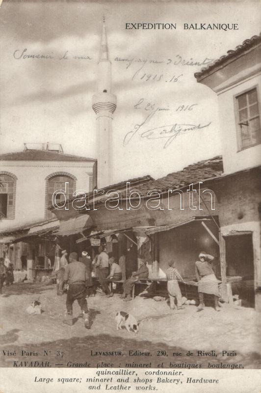 Kavadarci, Kavadar; Large square, minaret, shops, bakery, hardware and leather works