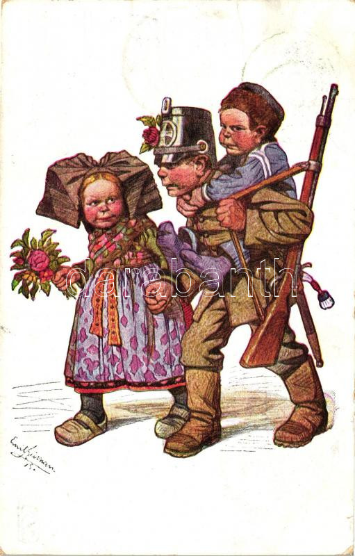 Elsässische Trachten, Künstlerkarte Nr. 23. Verlagsanstalt Siegfried Bächer / German soldier, folklore s: Ernst Gutman, Elzászi katonaruha és népviselet s: Ernst Gutman