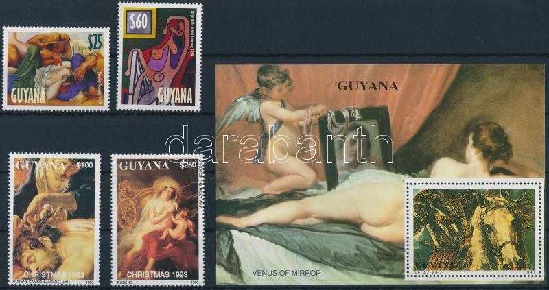 1990-1998 4 Nude Paintings stamps + block, 1990-1998 4 db Aktfestmény bélyeg + blokk