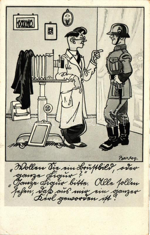 At the photographer; WWII German military, artist signed humourous postcard, Német katona a fényképésznél, II. világháború, humoros lap