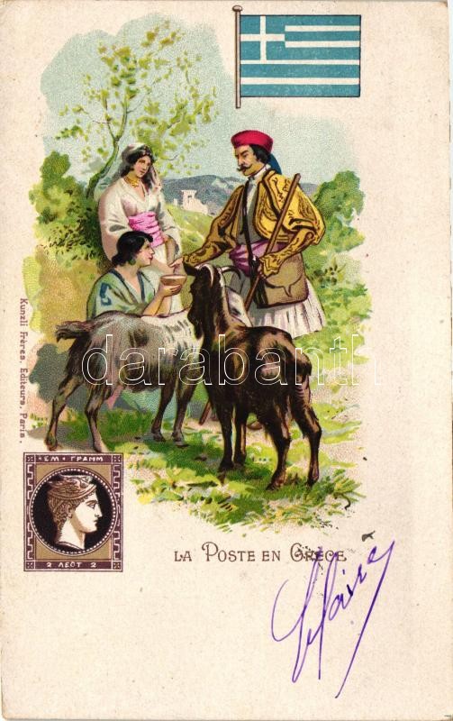 La Poste en Grece; Kunzli Freres Editeurs / Greek post, folklore, litho, Görög folklór, litho