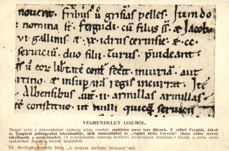 Hungarian testament of Lady Margit from 1152, funeral feast with beer, Margit úrnő végrendelete 1152-ből, seres (sörös) tor; Dr. Bevilaqua-Borsody Béla: A Magyar serfőzés történetéből