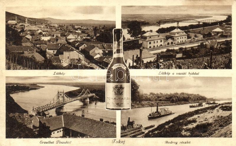 Tokaj, Vasúti híd, Erzsébet Tisza híd, egy üveg Tokaji Aszú (ázott / wet damage)