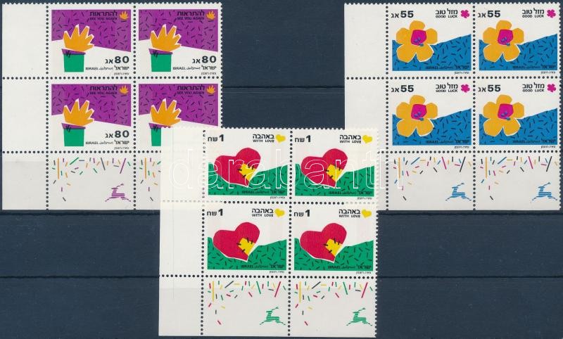 Greeting stamps in 3 corner blocks of 4 with tab, Üdvözlőbélyegek 3 ívsarki tabos négyestömb