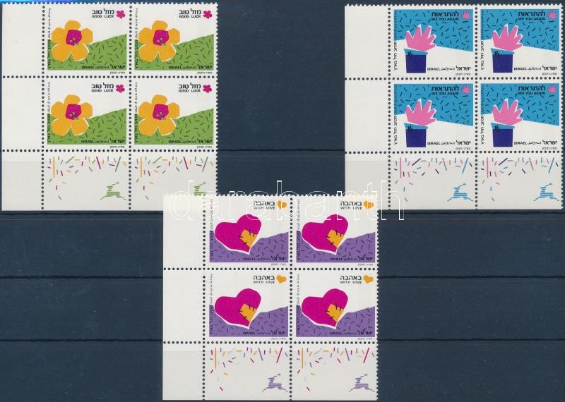 Greeting stamps 3 corner blocks of 4 with tab, Üdvözlőbélyegek 3 ívsarki tabos négyestömb