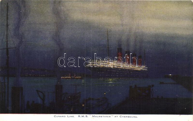 Cunard Line, R.M.S. "Mauretania" at Cherbourg, R.M.S. "Mauretania", a Cunard vállalat hajója a franciaországi Cherbourg-ban.