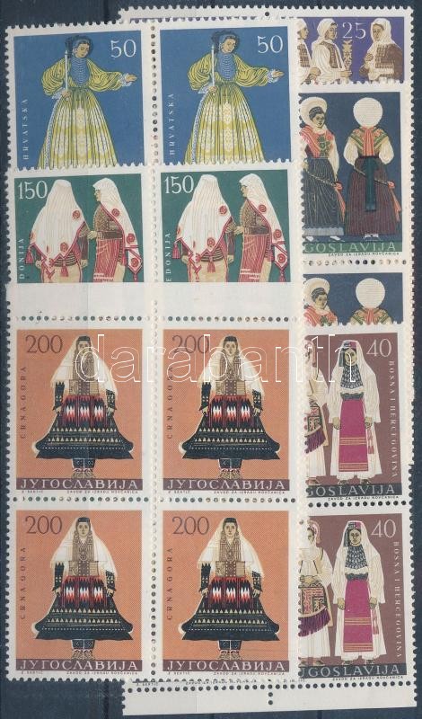 Folk costumes 6 margin blocks of 4, Népviseletek 6 ívszéli négyestömb