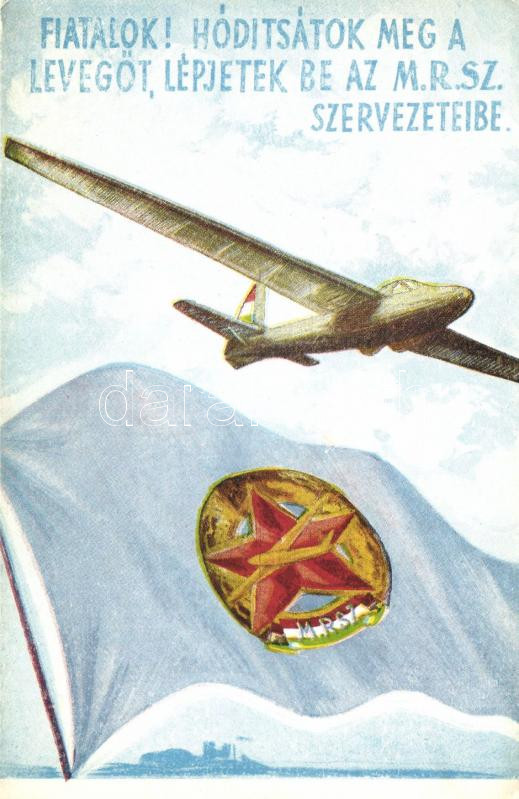 Hungarian Aeronautical Association propaganda, aircraft, youth recruitment, Fiatalok hódítsátok meg a levegőt, lépjetek be az M.R.SZ. szervezeteibe