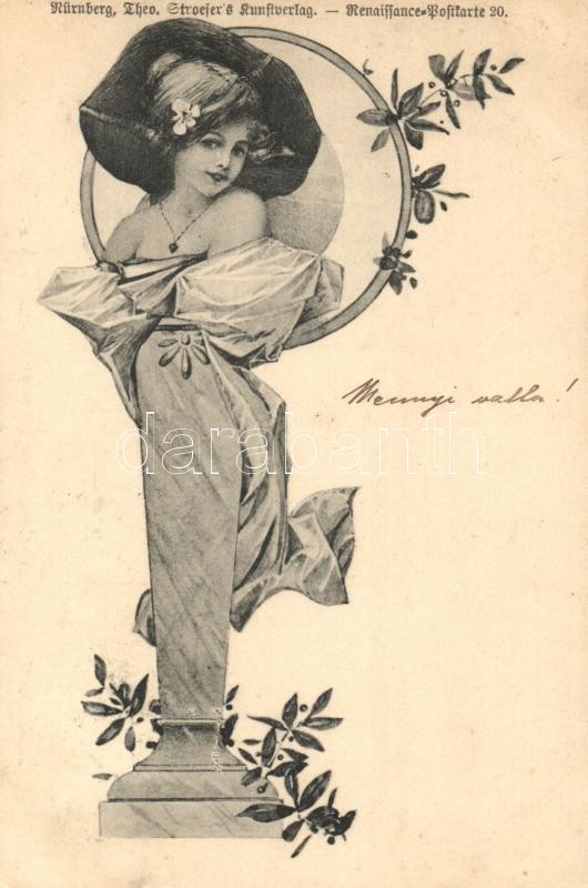 1899 Lady, statue, floral, T.S.N. Renaissance-Postkarte 20., 1899 Hölgy, T.S.N. Renaissance-Postkarte 20.