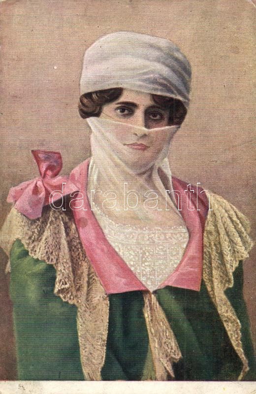 Türkische Frau verschleiert / Nosnja turskih djevojaka / Turkish woman, folklore s: T. Kroy, Fátyolozott Török nő, s: T. Kroy