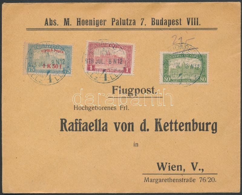 1918.jul. 9. Légi levél Bécsbe 1K50f Repülő posta bélyeggel és 1.80K kiegészítő bérmentesítéssel, Additional franking on airmail cover to Vienna.