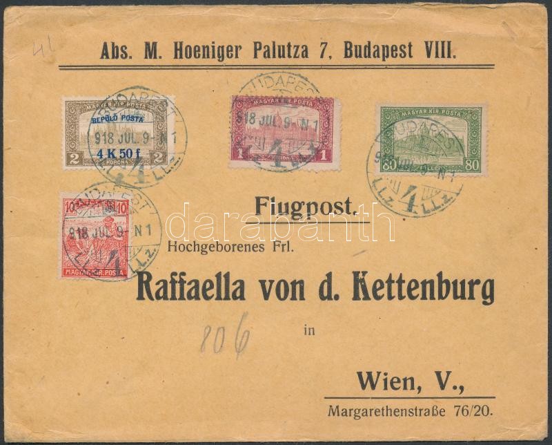 Mi 211 with additional franking on airmail cover to Vienna, 1918.jul. 9. Légi levél Bécsbe 4K50f Repülő posta bélyeggel és 1.90K kiegészítő bérmentesítéssel