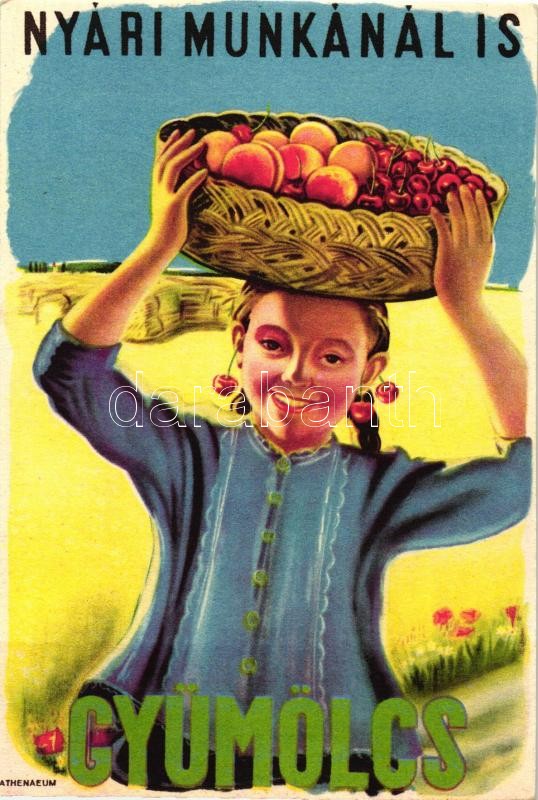 Hungarian fruit, health propaganda, C-Vitamin table on the backside, Nyári munkánál is gyümölcs! propaganda lap, C-vitamin táblázat a hátoldalon