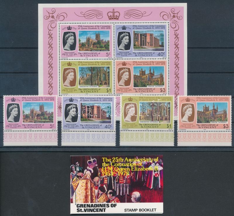 II. Erzsébet koronázásának 25. évfordulója ívszéli sor + blokk + bélyegfüzet, 25th Coronation anniversary of Elizabeth II margin set + block + stampbooklet