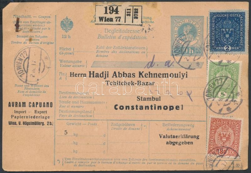 Csomagszállító 2,85K bérmentesítéssel Bécsből Konstantinápolyba, Parcal card 2,85K franking from Wien to Istanbul